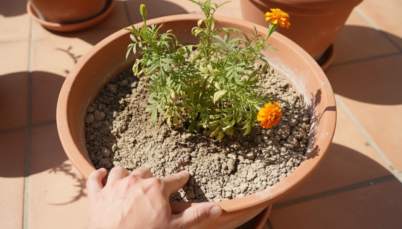 A hand's finger probes dry soil next to a wilted marigold plant in a terracotta pot on a sunny patio.