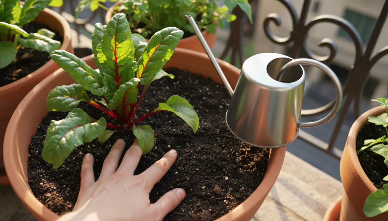 A hand's finger tests the soil moisture in a terracotta pot with healthy Swiss chard on a sunny balcony, a small watering can nearby.