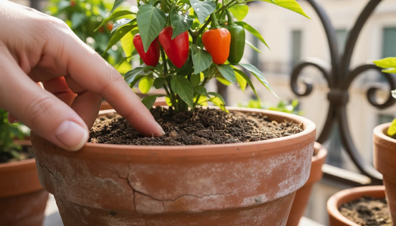 A hand's fingers gently test the topsoil moisture in a terracotta pot holding an ornamental pepper plant on a sunny balcony.