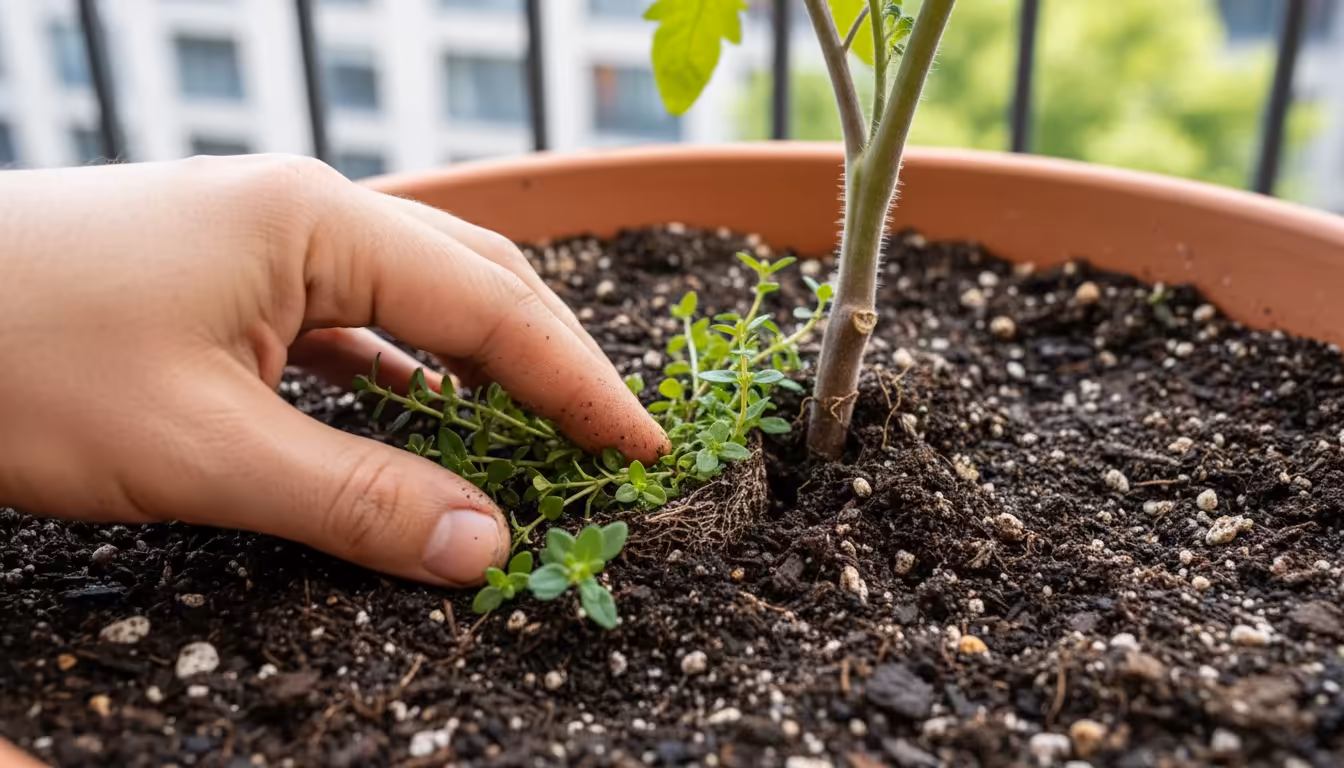 A close-up of a hand gently firming soil around a small groundcover plant in a pot, demonstrating planting at the correct depth.