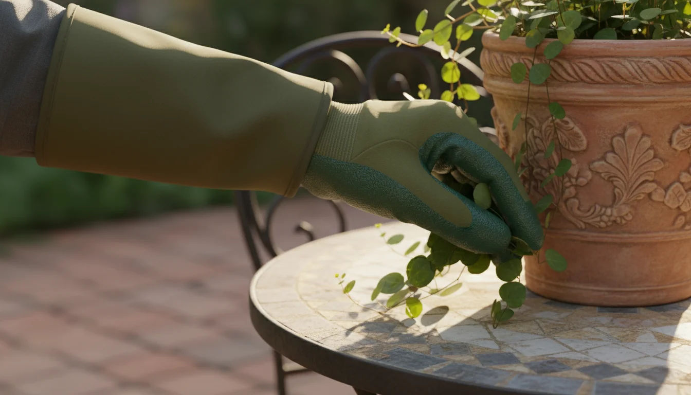 Close-up of a hand in a gauntlet gardening glove with reinforced fingertips, planting a trailing green plant in a terracotta pot on a patio.