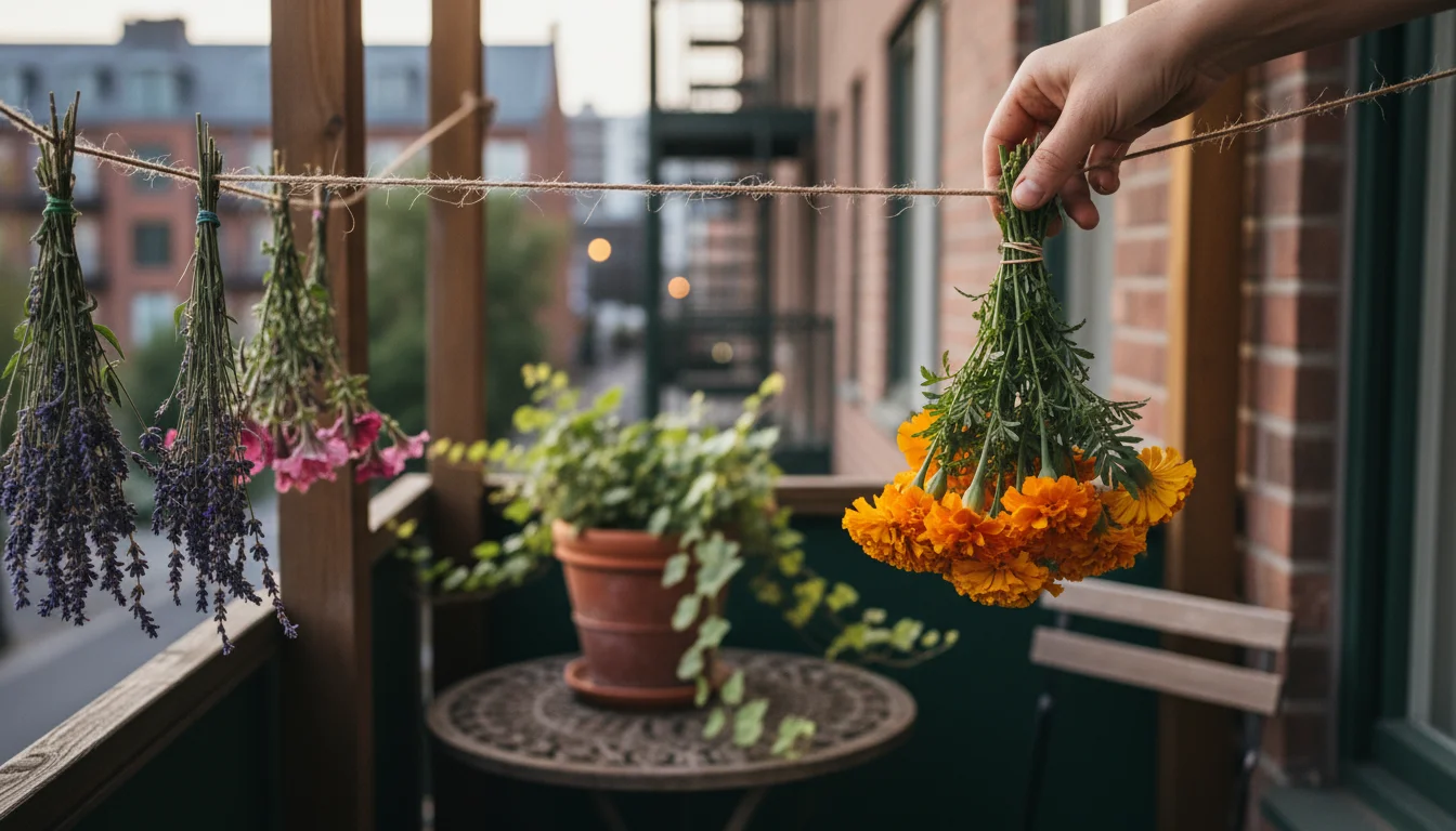 A hand hangs a fresh bundle of orange marigold stems from a twine clothesline on a balcony, with other flower bundles drying nearby.