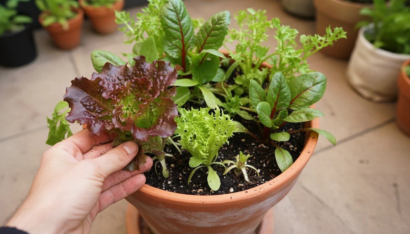 Hand harvesting large outer leaves from a vibrant mixed salad green plant in a terracotta pot on a patio, showing new growth for future harvests.
