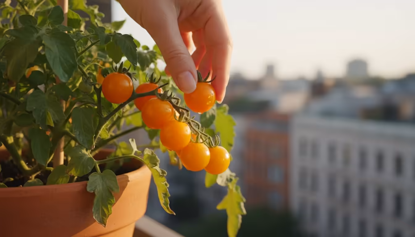 Close-up of a hand gently harvesting a ripe, glowing orange cherry tomato from a container plant on a sunny balcony.