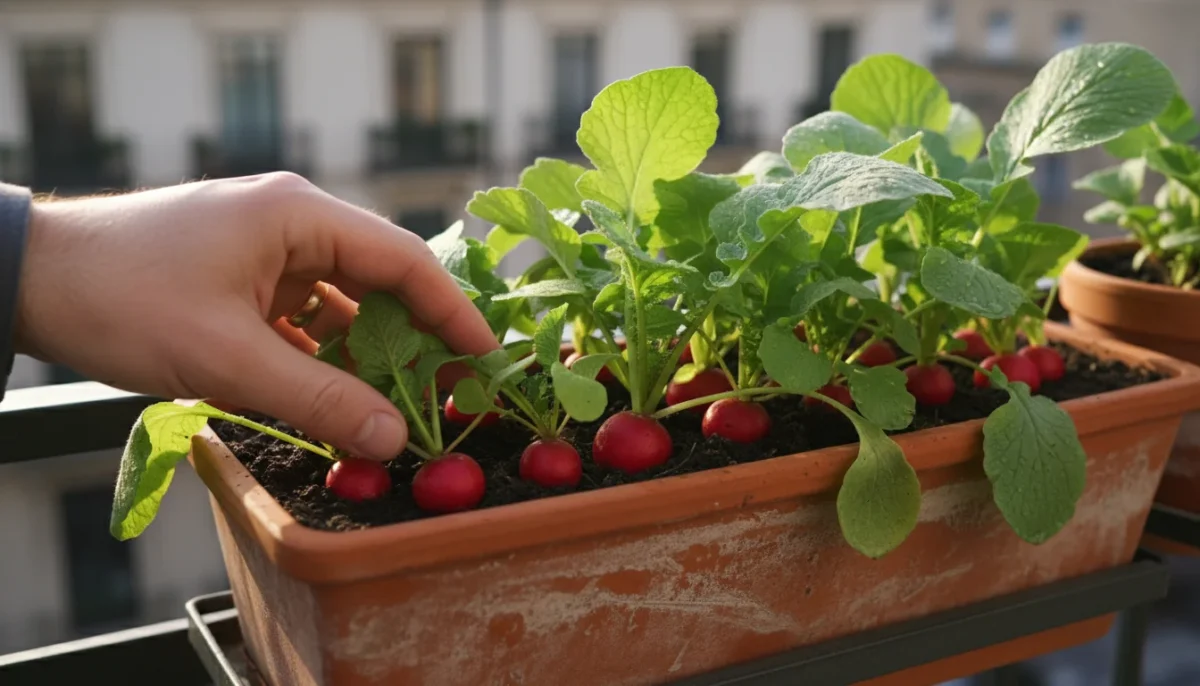Close-up of a hand gently harvesting a small, red radish from a terracotta window box filled with green foliage on a sunny balcony.