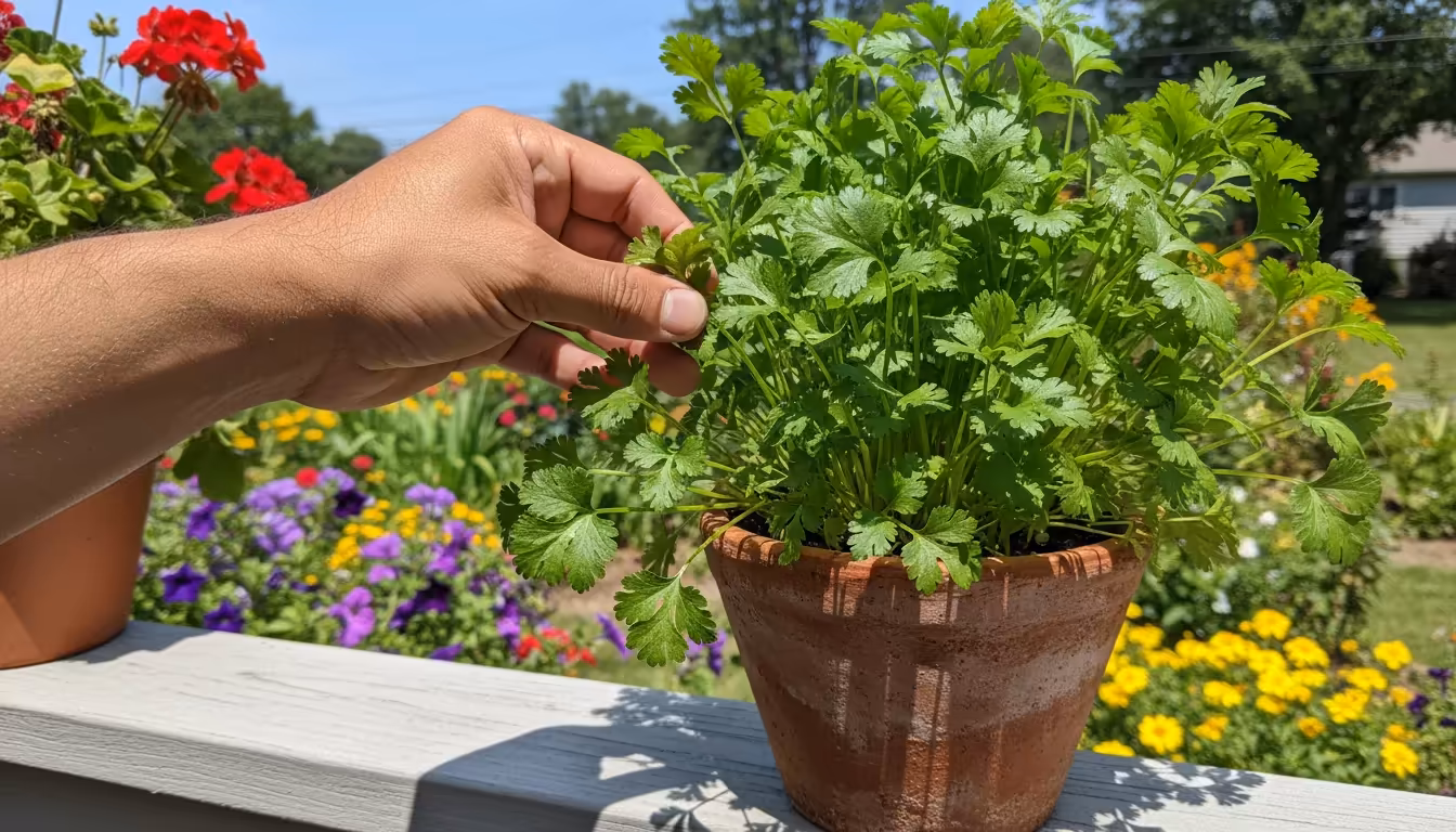 Close-up of a hand carefully harvesting vibrant green cilantro leaves from a terracotta pot on a sunlit balcony railing.