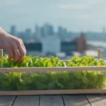Hand harvesting vibrant lettuce from a simple DIY cold frame on a city balcony, with a cool cityscape in the background.