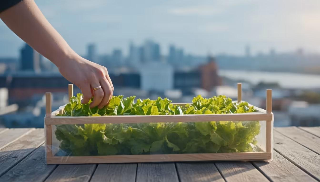 Hand harvesting vibrant lettuce from a simple DIY cold frame on a city balcony, with a cool cityscape in the background.