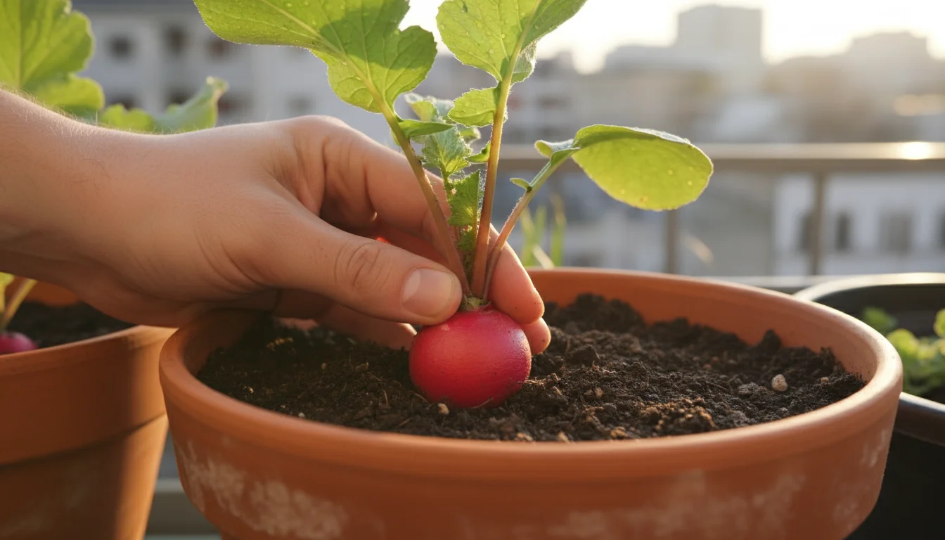 Close-up of a hand harvesting a vibrant red radish from a terracotta pot on a sunny urban balcony.