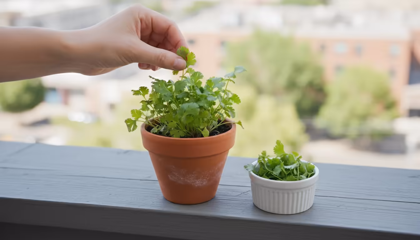 Overhead view of a hand harvesting young, vibrant cilantro leaves from a terracotta pot on a balcony railing, with fresh leaves in a small bowl.