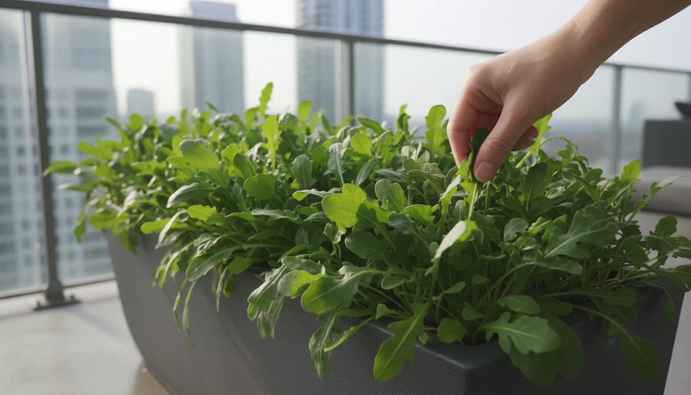 A hand harvests fresh arugula from a charcoal-grey balcony window box, with vibrant green leaves in morning light.
