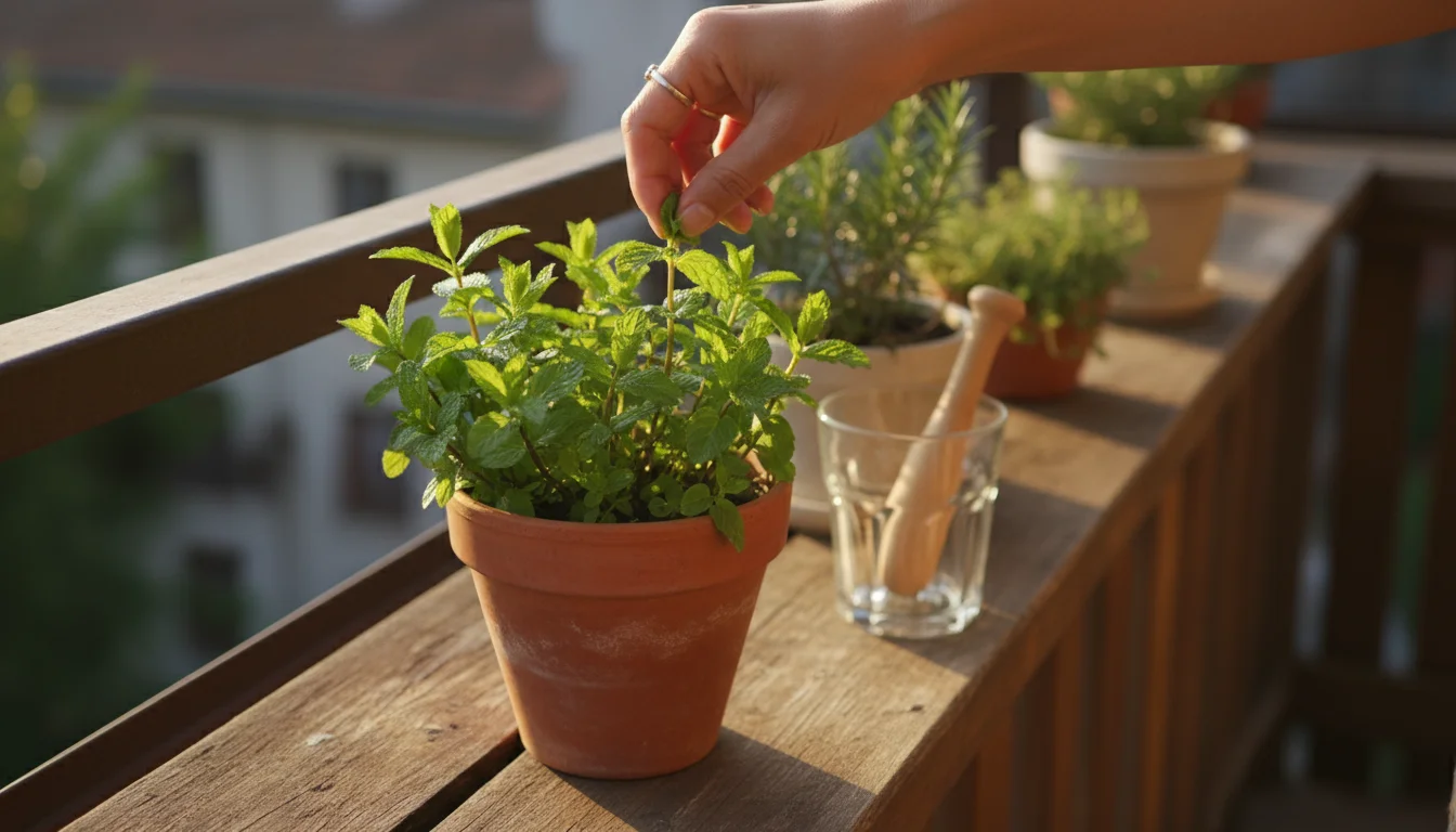 A hand gently harvests fresh mint leaves from a terracotta pot on a balcony railing, with other herbs and a muddler blurred in the background.