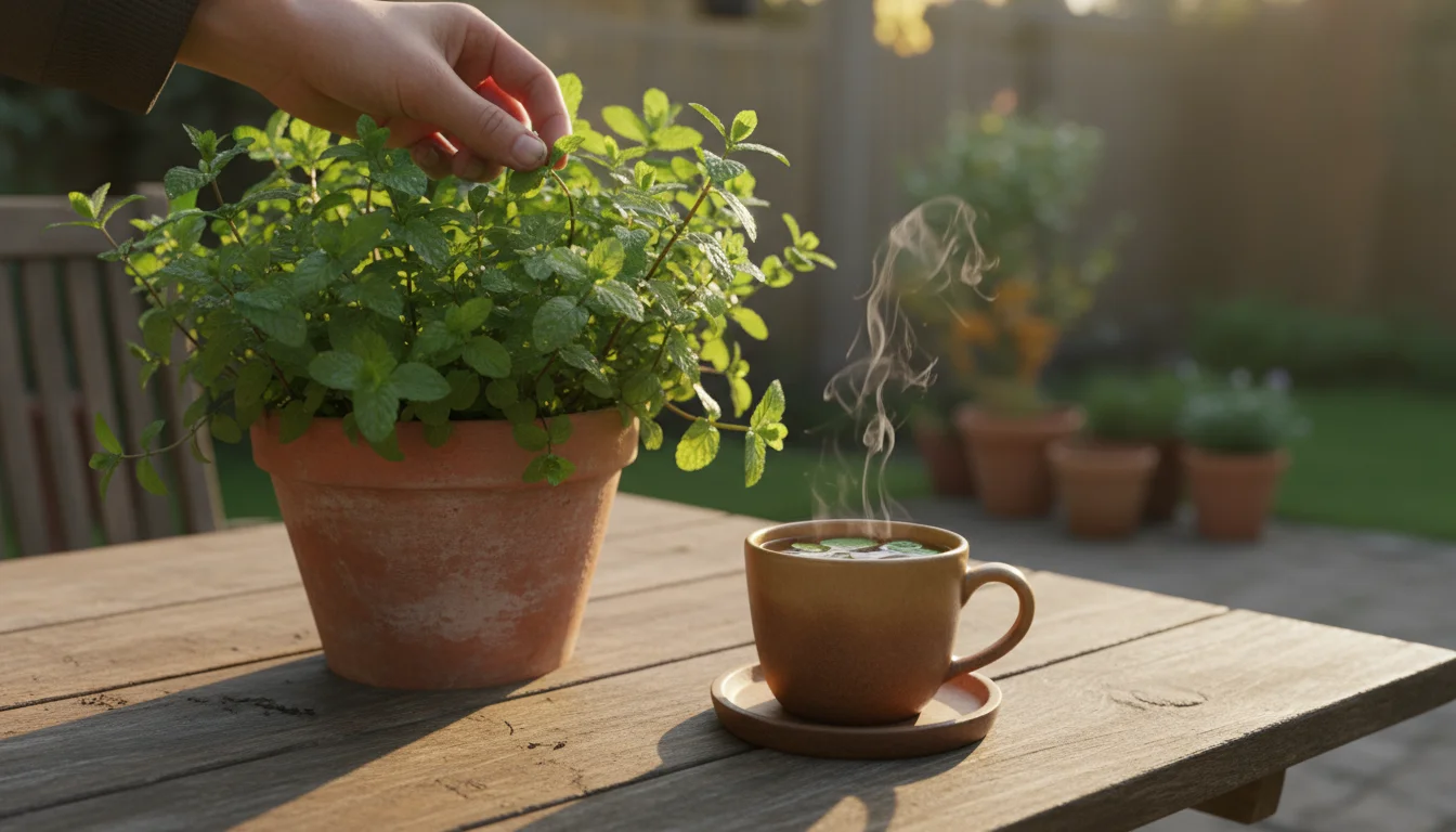 A hand harvests fresh mint from a terracotta pot on a wooden patio table, next to a steaming mug of tea in autumn light.