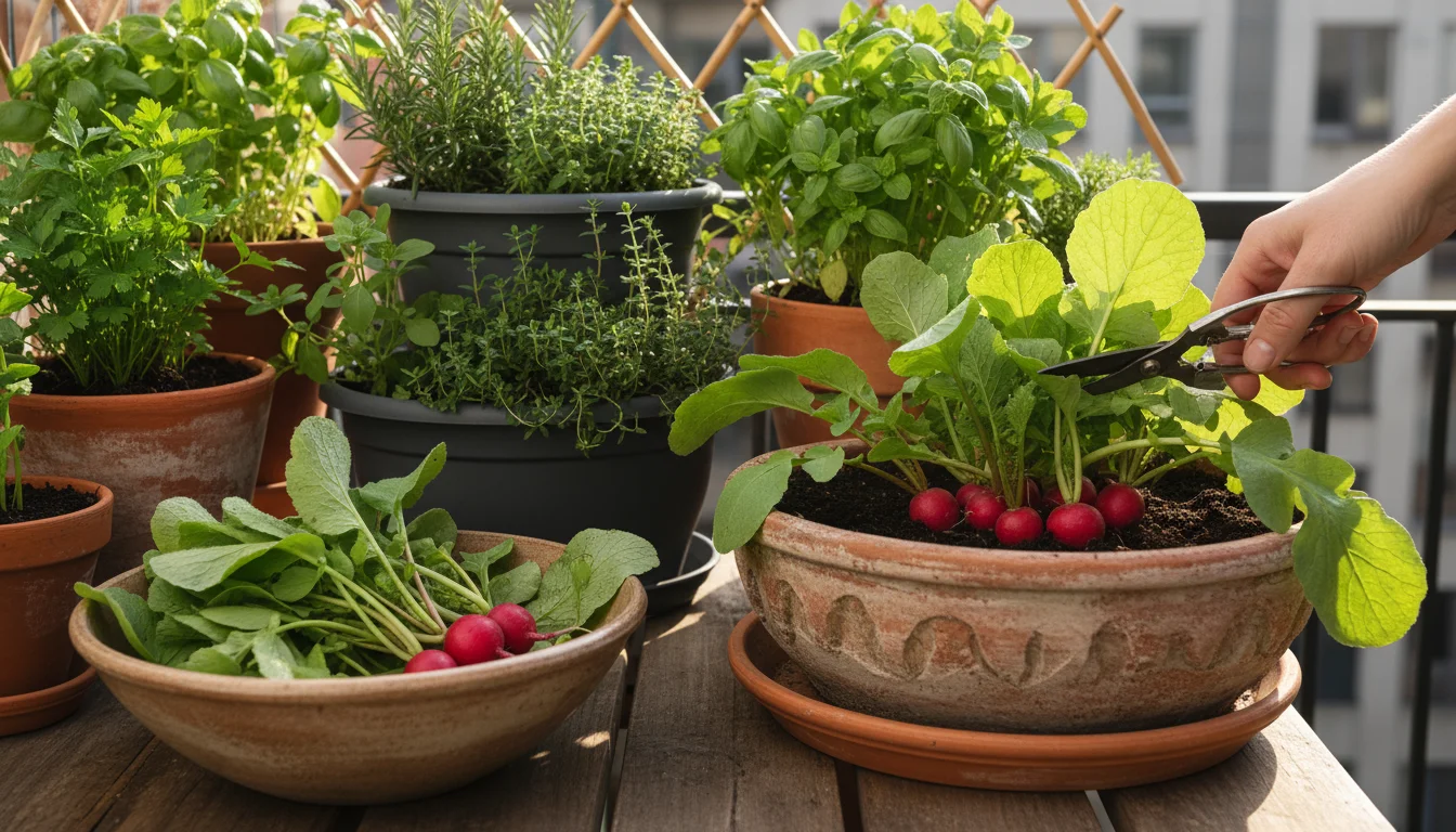A hand harvests radish greens from a thriving balcony planter; a bowl with fresh radishes and greens sits nearby, surrounded by other small container 