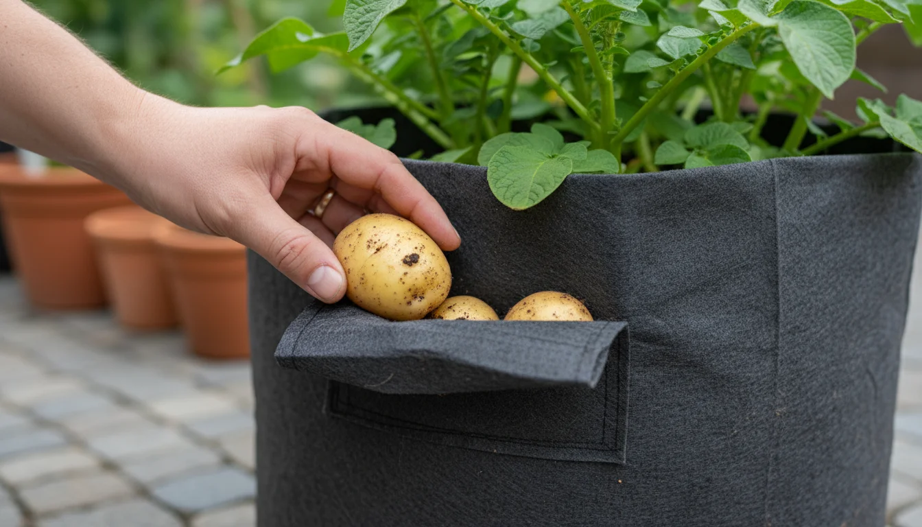 A hand carefully harvests small, golden new potatoes from the open side flap of a dark grey fabric grow bag on a sunny balcony.