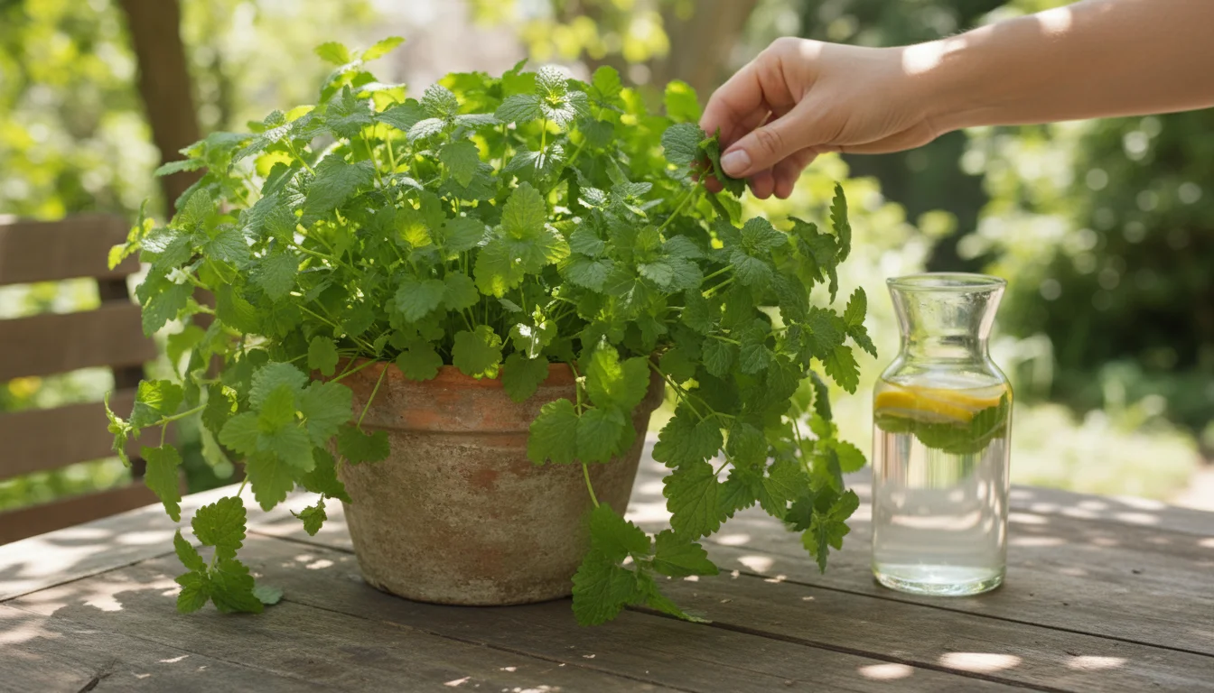 A hand harvests vibrant lemon balm from a terracotta pot on a patio table, next to a glass carafe of lemon-infused water.