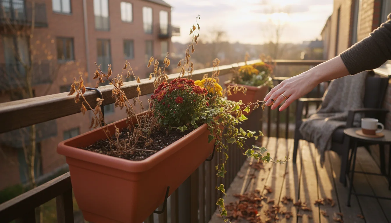 Hand holding a copper watering can over the reservoir fill point of a terracotta-colored self-watering planter on an autumn balcony.