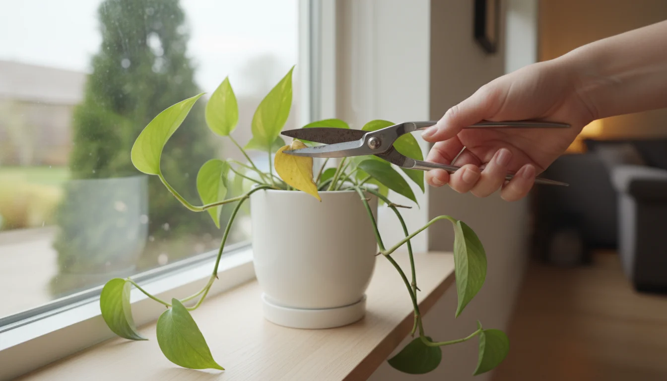 Hand holding ergonomic, fine-tipped pruners about to trim a yellow leaf from a Pothos plant in a white pot on a windowsill.
