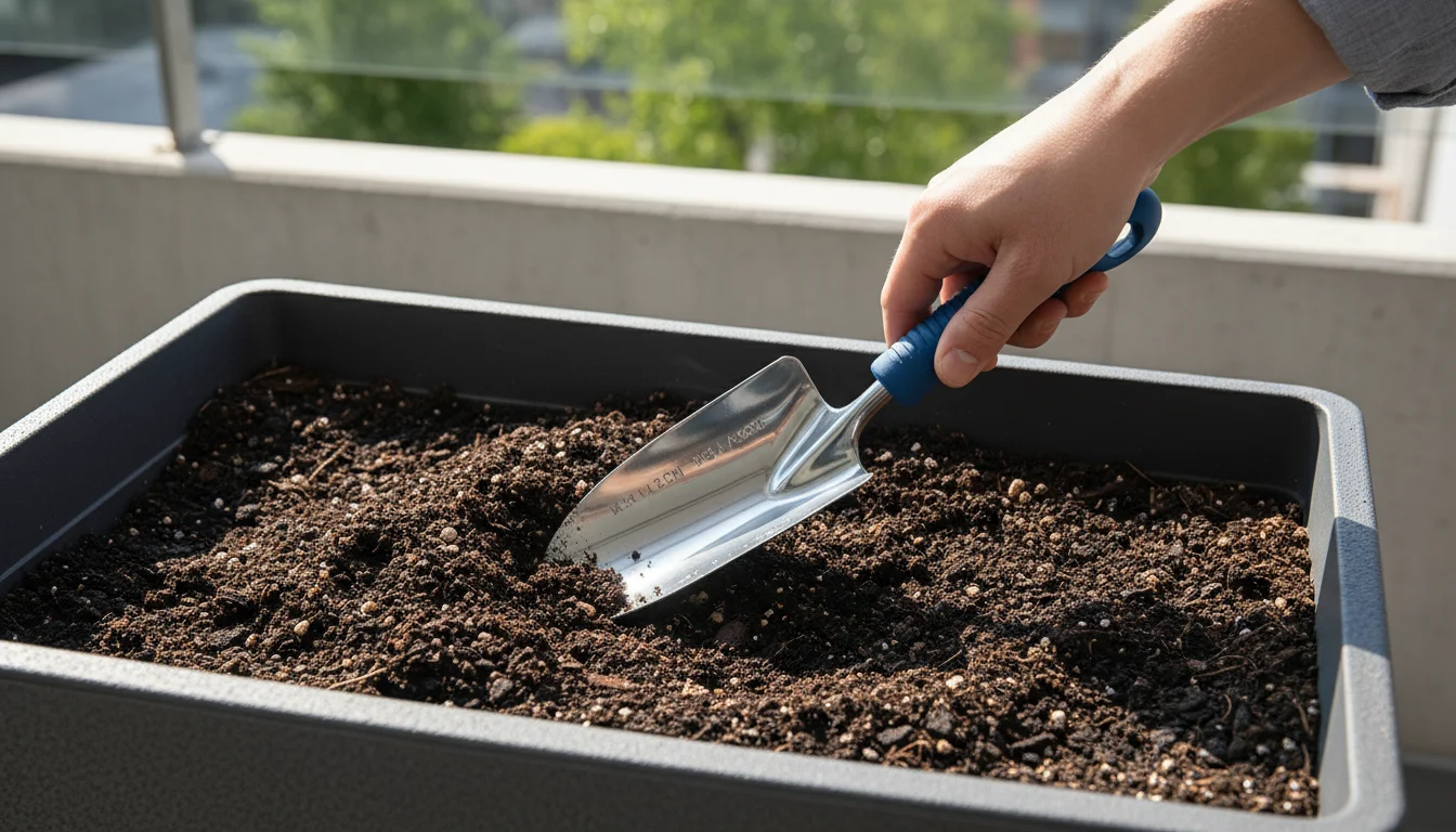 Hand holding ergonomic stainless steel trowel with visible depth markings, pressed into dark soil in a modern balcony planter. Tomato seedlings await