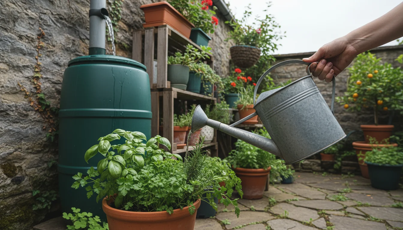 A hand holding a metal watering can filled with rainwater, next to a rain barrel and healthy container herbs on a patio.