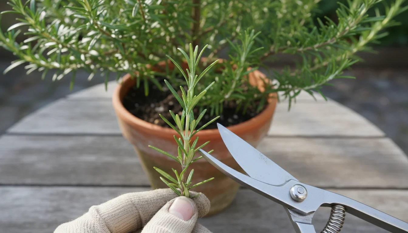 Close-up of a hand holding a rosemary stem, with sharp pruning shears positioned for an angled cut below a leaf node.