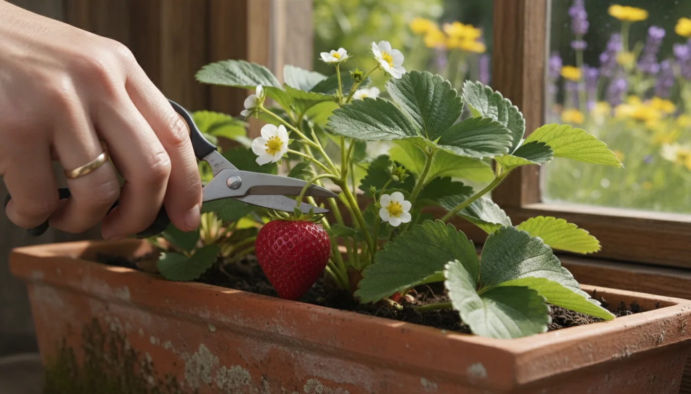 A hand holding small gardening pruners snips a ripe red strawberry from its plant in a terracotta window box.