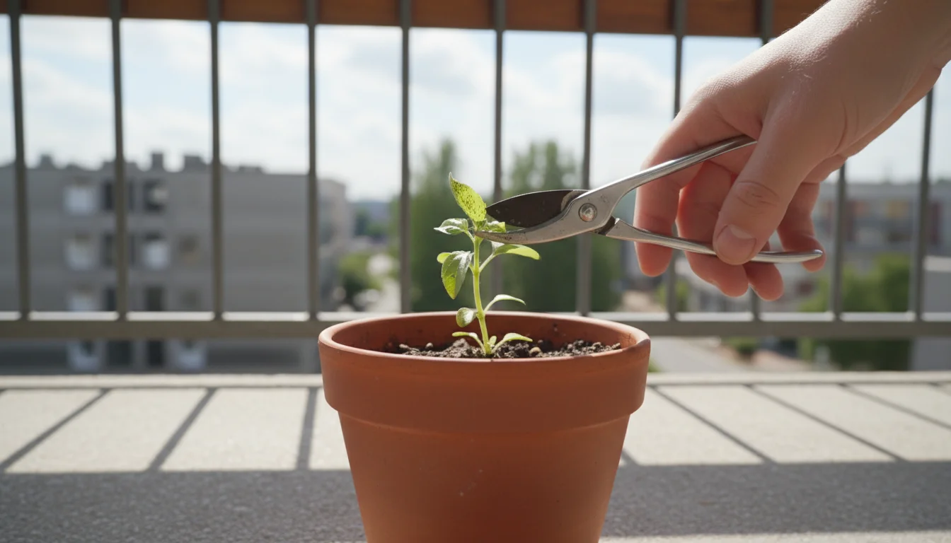 A hand holding small pruning snips precisely cuts an aphid-infested leaf from a plant in a terracotta pot on an urban balcony.