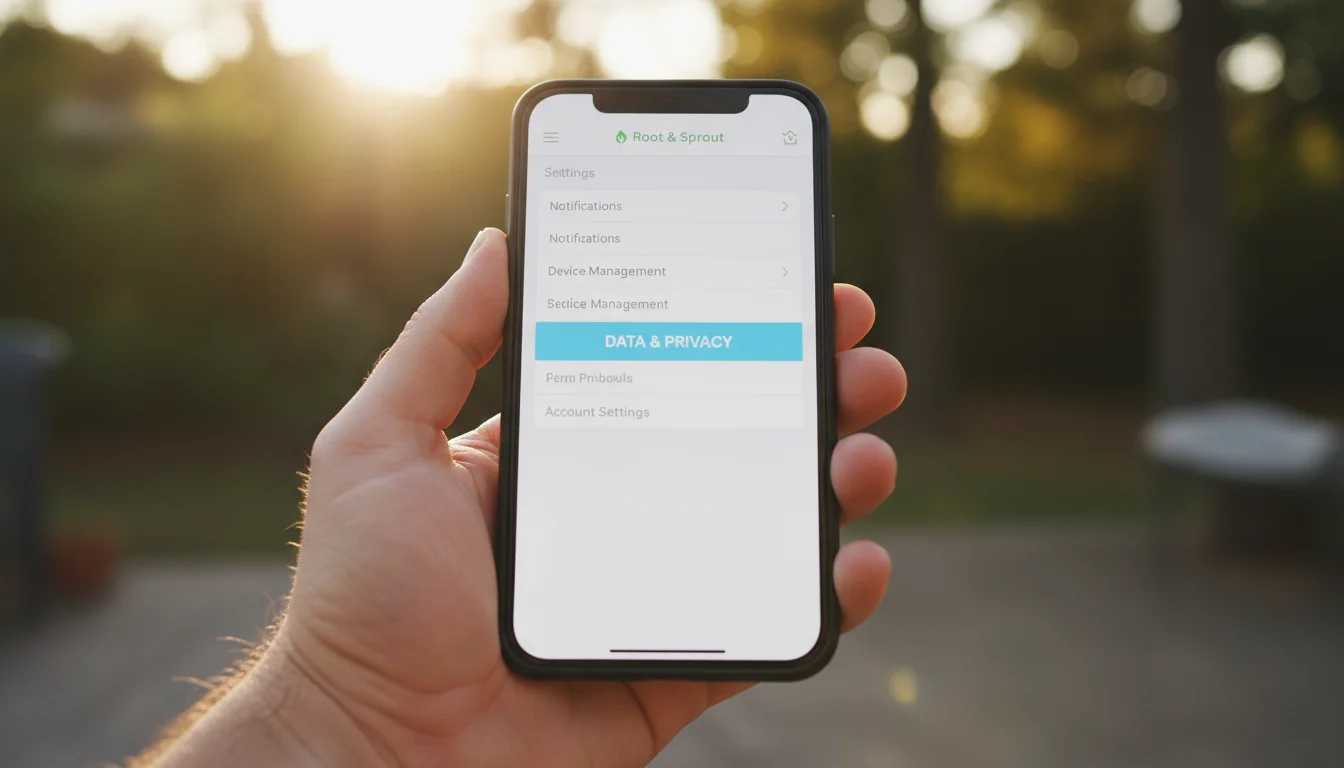Hand holding a smartphone displaying a smart gardening app's 'Data Privacy' settings, with a blurred container garden background.