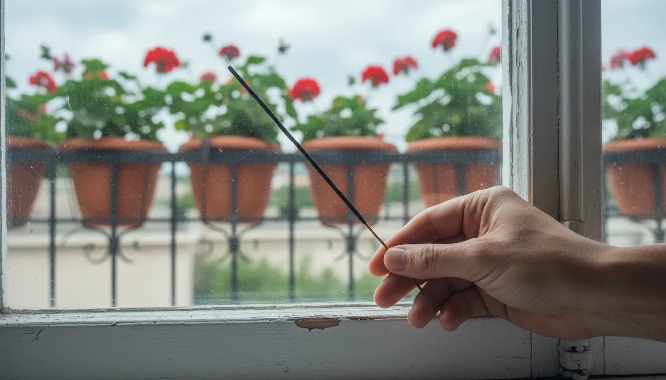 Close-up of a hand holding an unlit incense stick, checking for drafts along a white window frame. Potted herbs are on the sill.