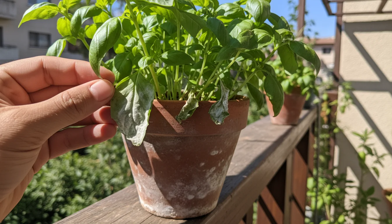 A hand gently holds a basil leaf with white powdery mildew. The plant is in a terracotta pot on a sunny balcony.