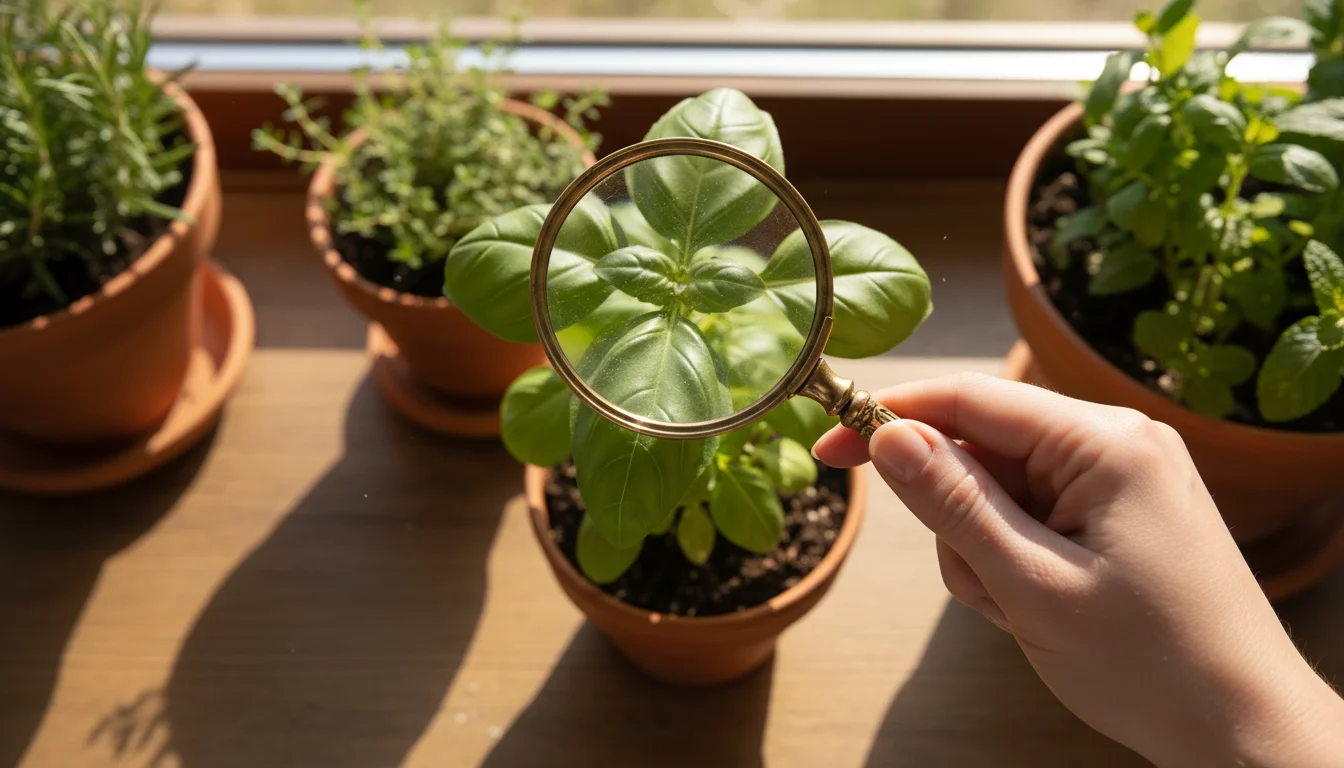 A hand holds a brass magnifying glass over a basil leaf, revealing a tiny pest. Potted herbs are in the background.