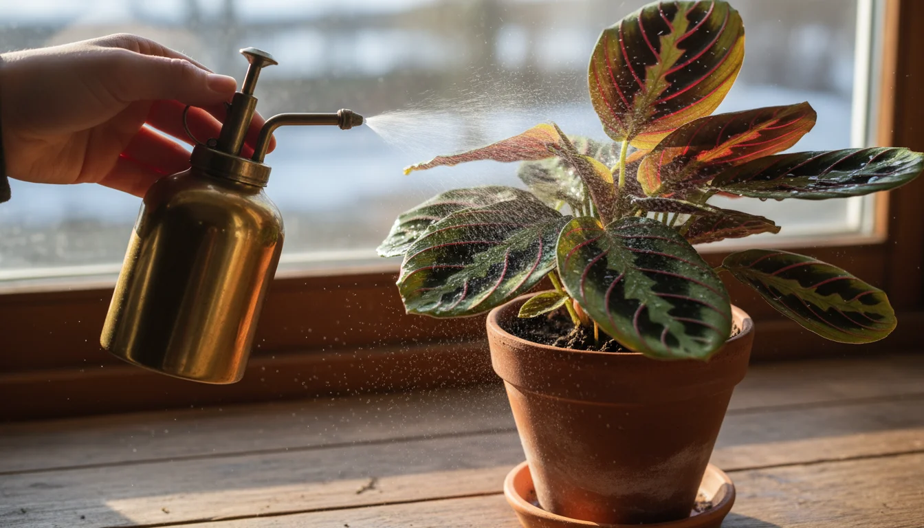 A hand holds a brass mister, spraying water onto the leaves of a Maranta prayer plant in a terracotta pot on a windowsill.