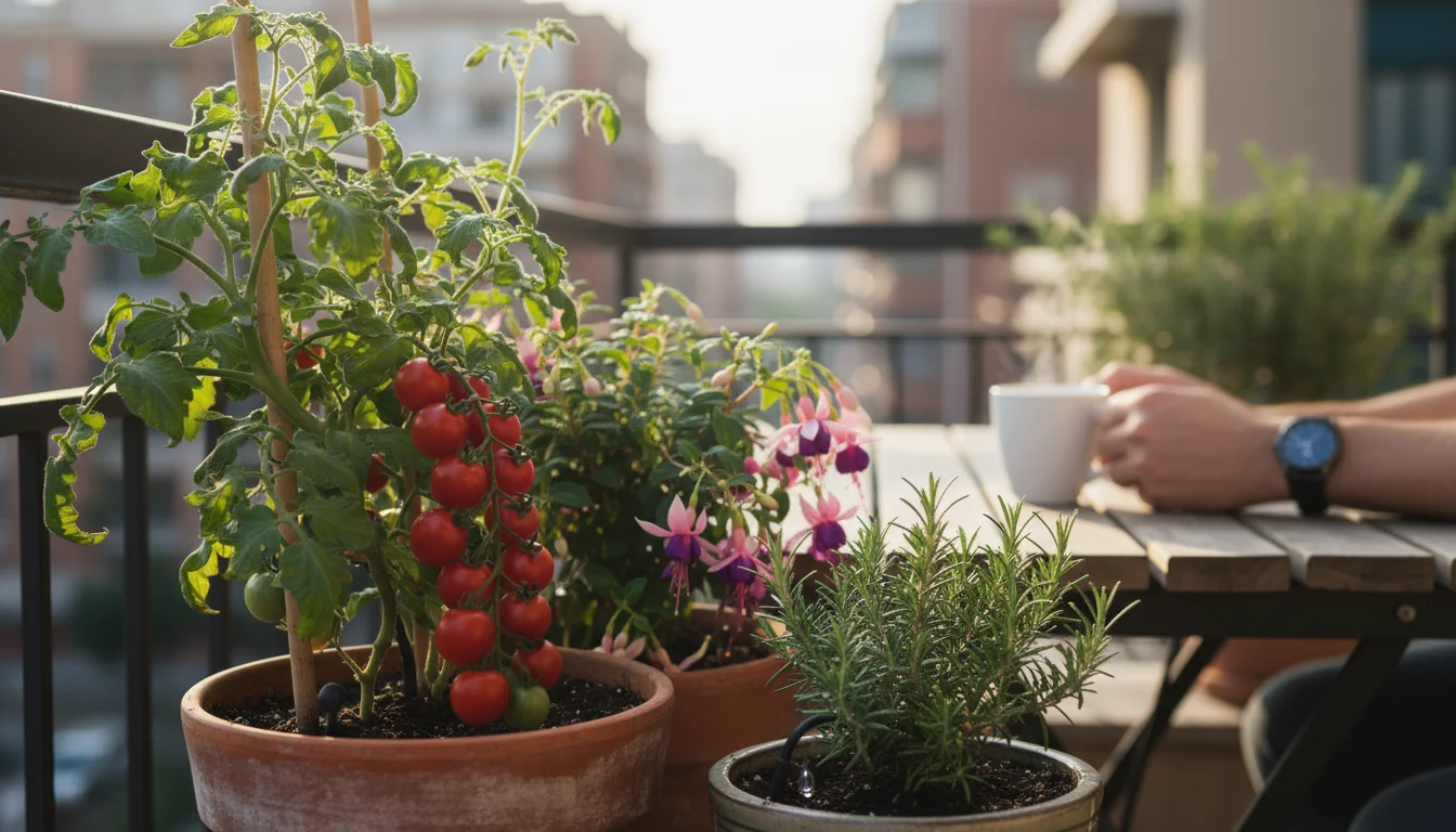 A hand holds a coffee mug on a sun-dappled balcony table, with vibrant container plants in the foreground showing discreet drip irrigation lines and a