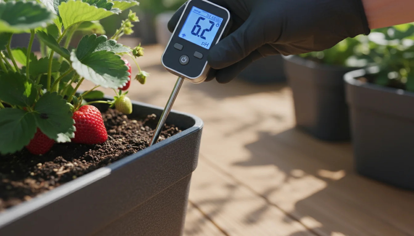 A hand holds a digital pH meter, its probe in a self-watering container with a strawberry plant on a sunlit patio deck, showing a clear pH reading.