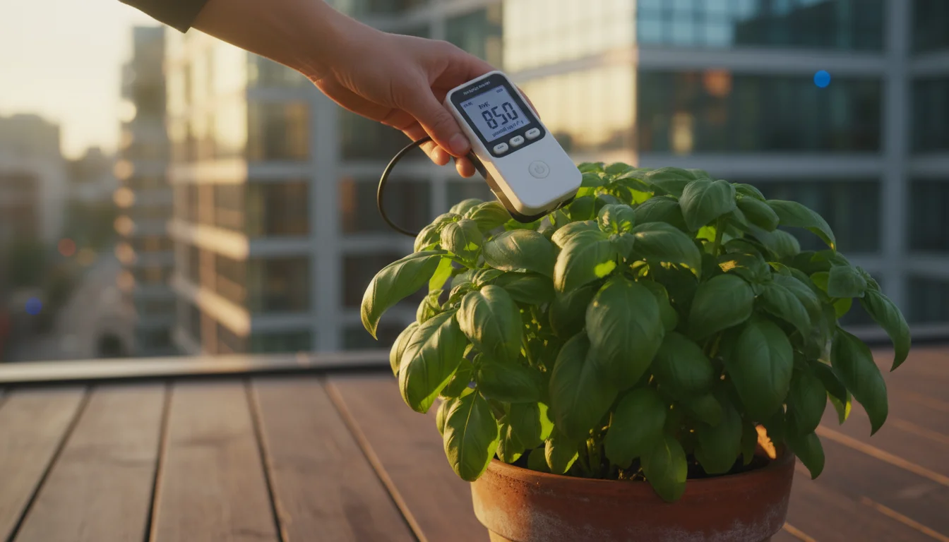 A hand holds a digital PAR meter over a lush green herb plant in a pot on a sunlit balcony, measuring light intensity for plant growth.