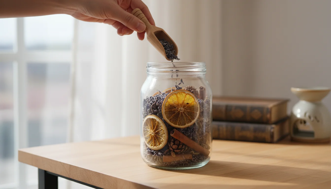 A hand holds an essential oil dropper over an open glass jar of colorful dried potpourri on a light wooden surface.