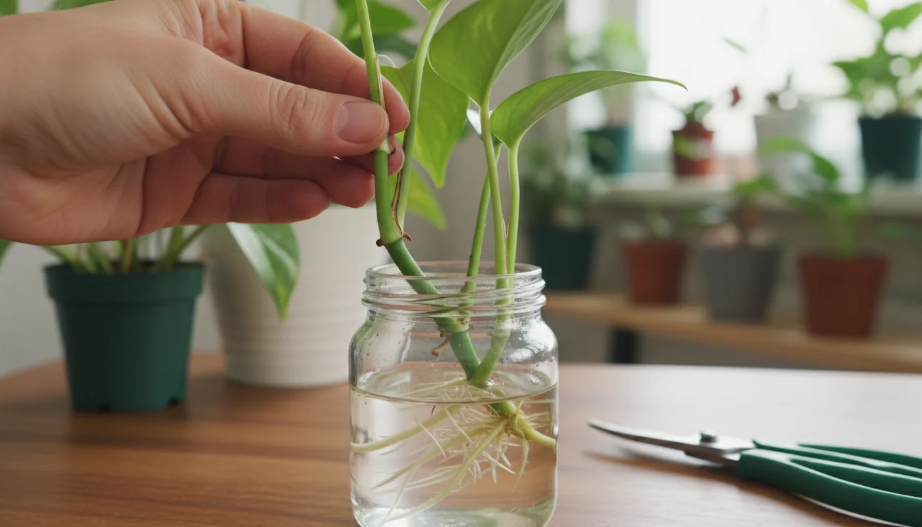 A hand holds a fresh Pothos stem cutting, ready to be placed into a glass jar with other Pothos cuttings already growing roots in water.
