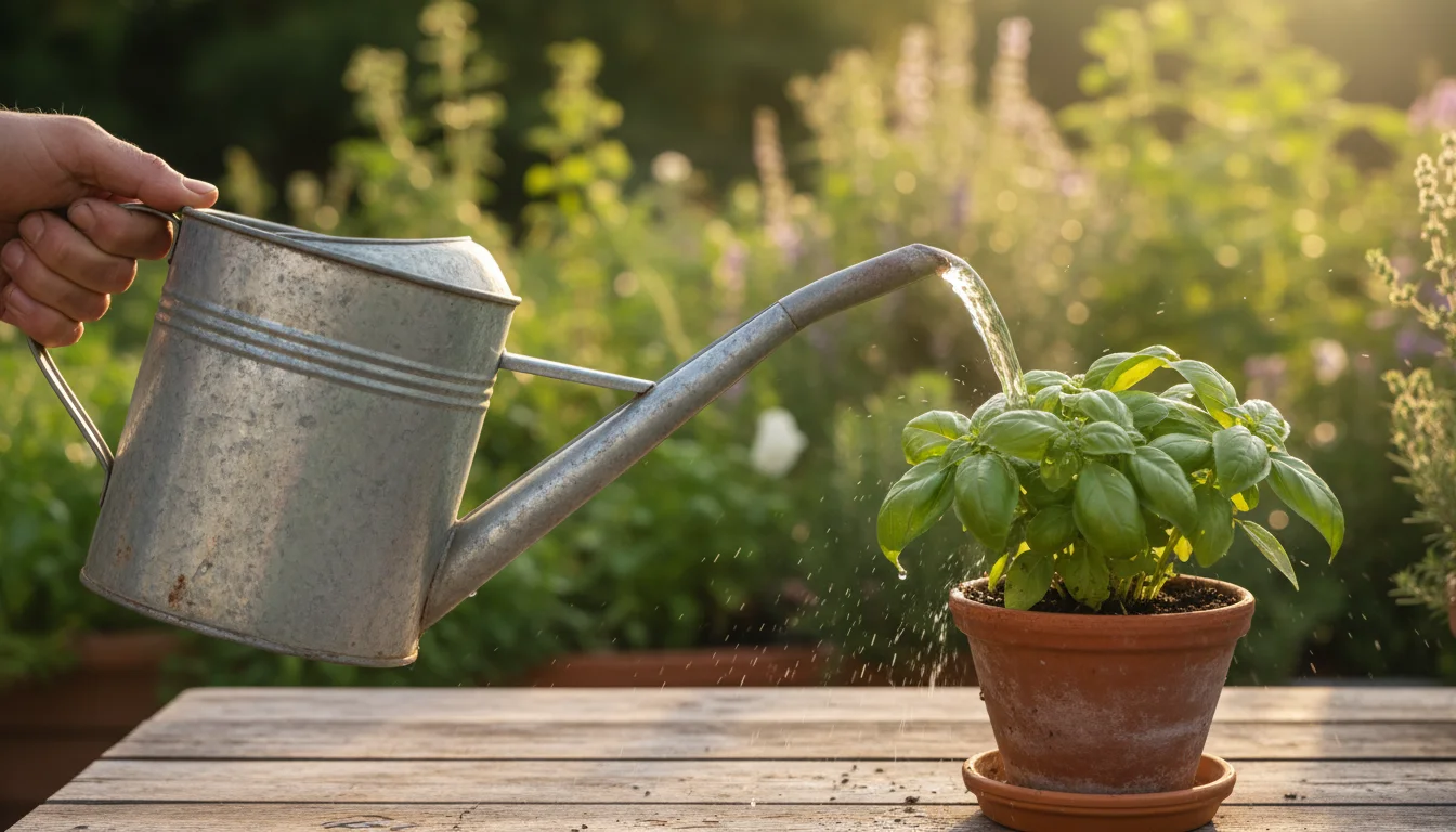 A hand holds a galvanized watering can, watering a lush basil plant in a terracotta pot on a sunlit wooden balcony railing.