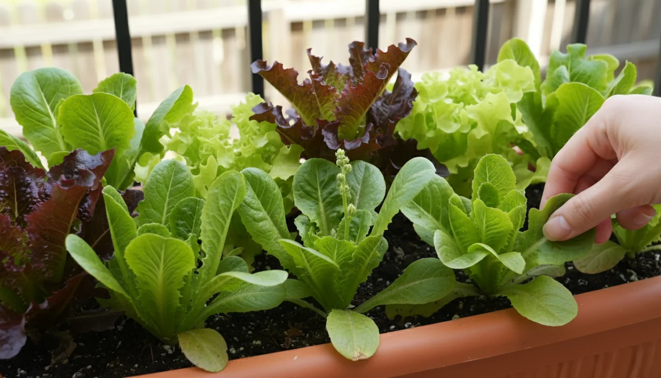 A hand holds gardening snips, poised to harvest lush loose-leaf lettuce from a terracotta window box. One plant shows a subtle, emerging central stalk