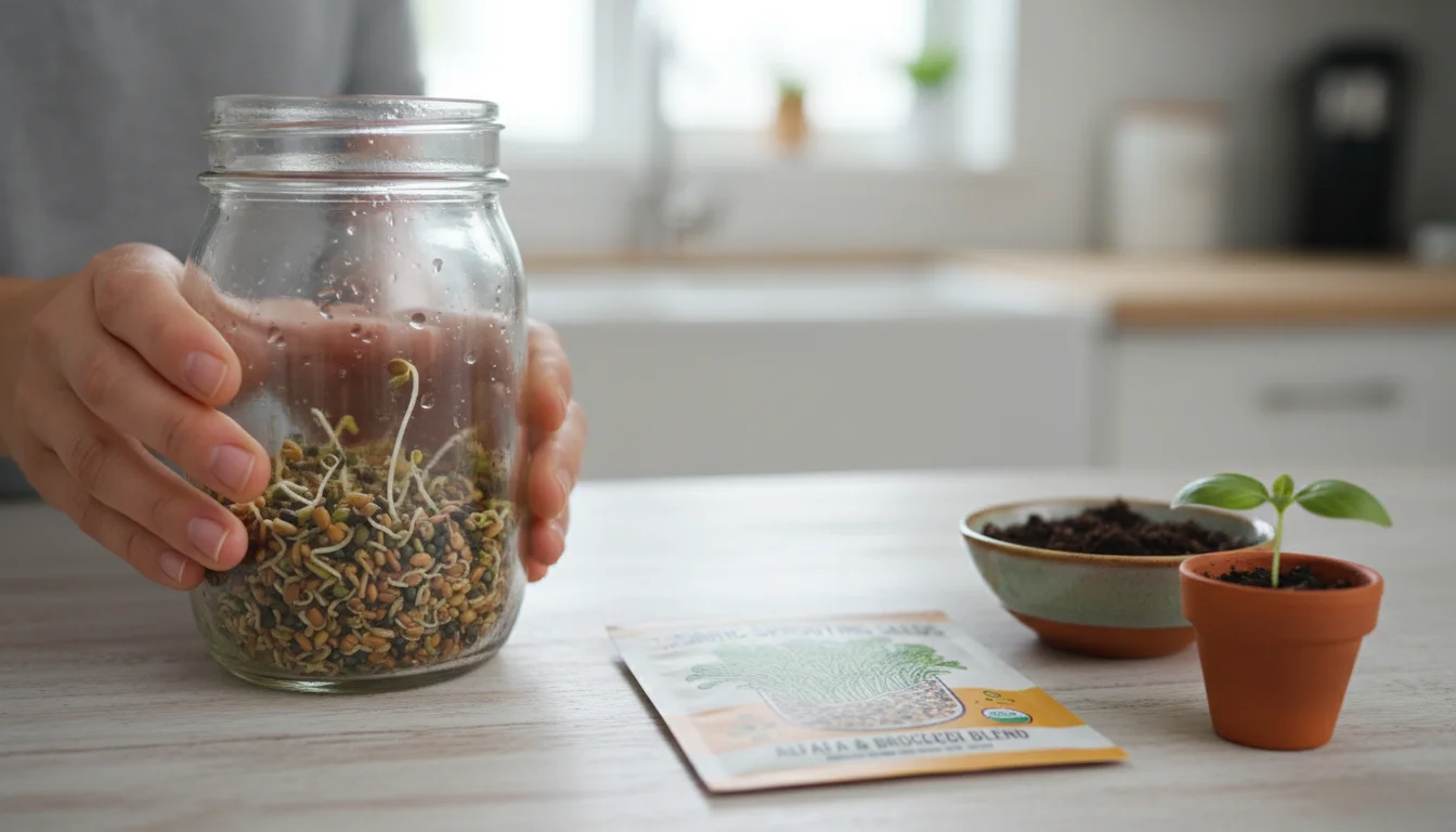 A hand gently holds a glass jar showing poor germination with few sprouts, next to a fresh packet of sprouting seeds and a glass of filtered water.