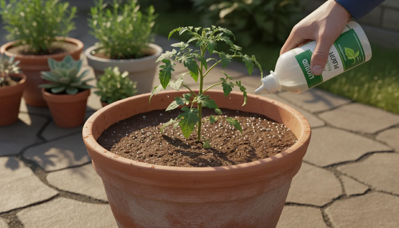 A hand holds a liquid fertilizer bottle poised over the visibly moist soil of a container-grown tomato plant on a sunny patio.