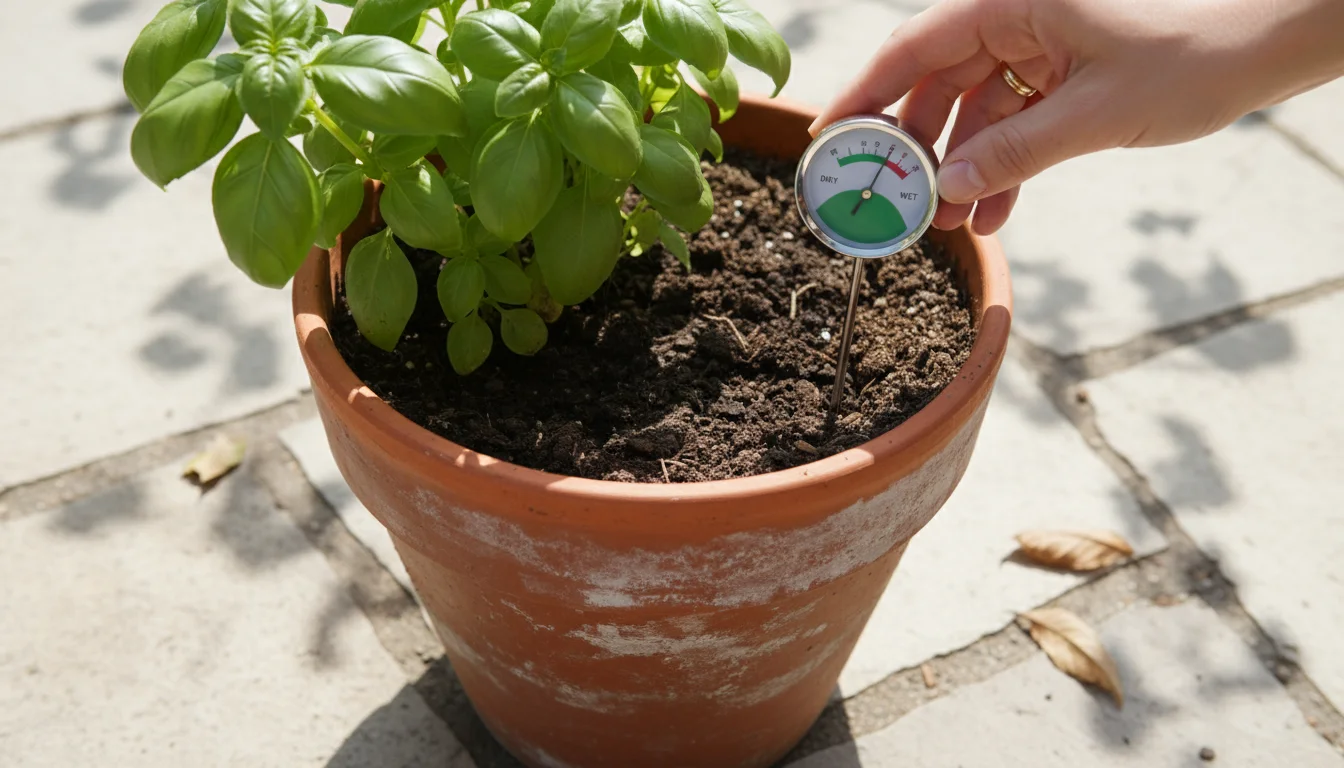 A hand holds a simple analog soil moisture meter inserted into a terracotta pot with a basil plant, the dial clearly showing a 'moist' reading under s