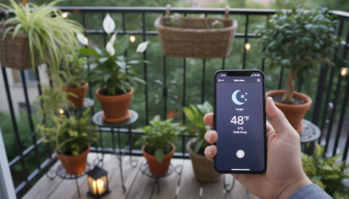 A hand holds a smartphone displaying a weather forecast showing cool nighttime temperatures, in front of various potted houseplants on a balcony.