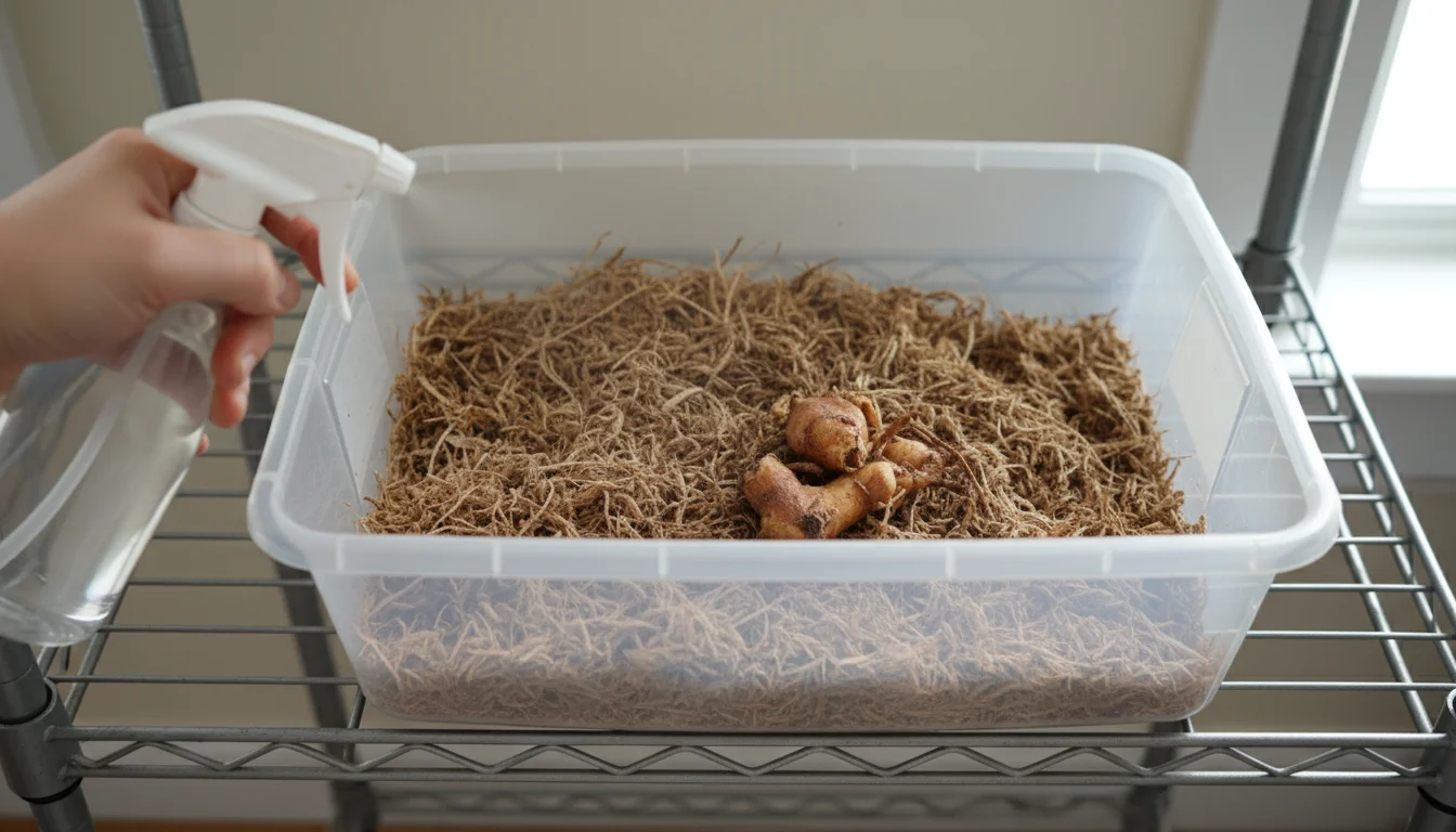 A hand holds a spray bottle above shriveled dahlia tubers in dry peat moss inside a clear storage bin on a shelf.