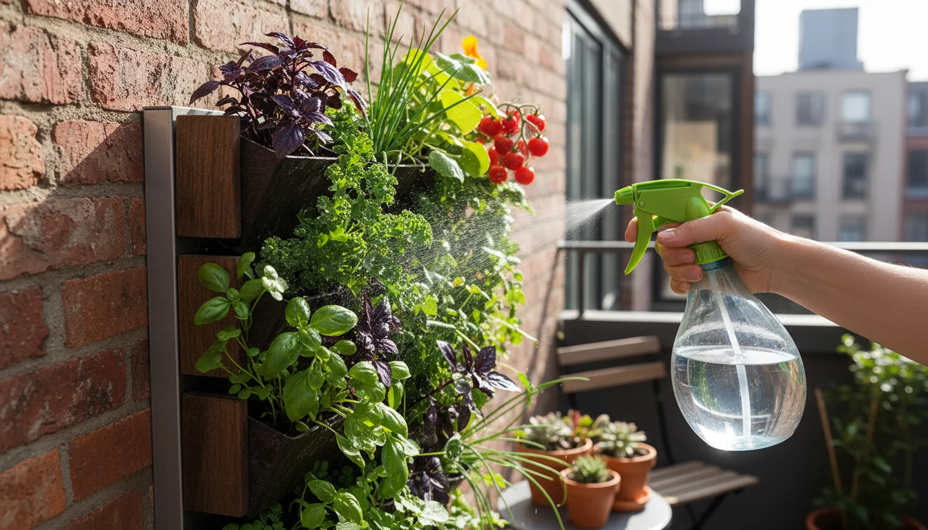 A hand holds a clear spray bottle, misting a lush Boston fern in a vertical planter on an urban balcony.