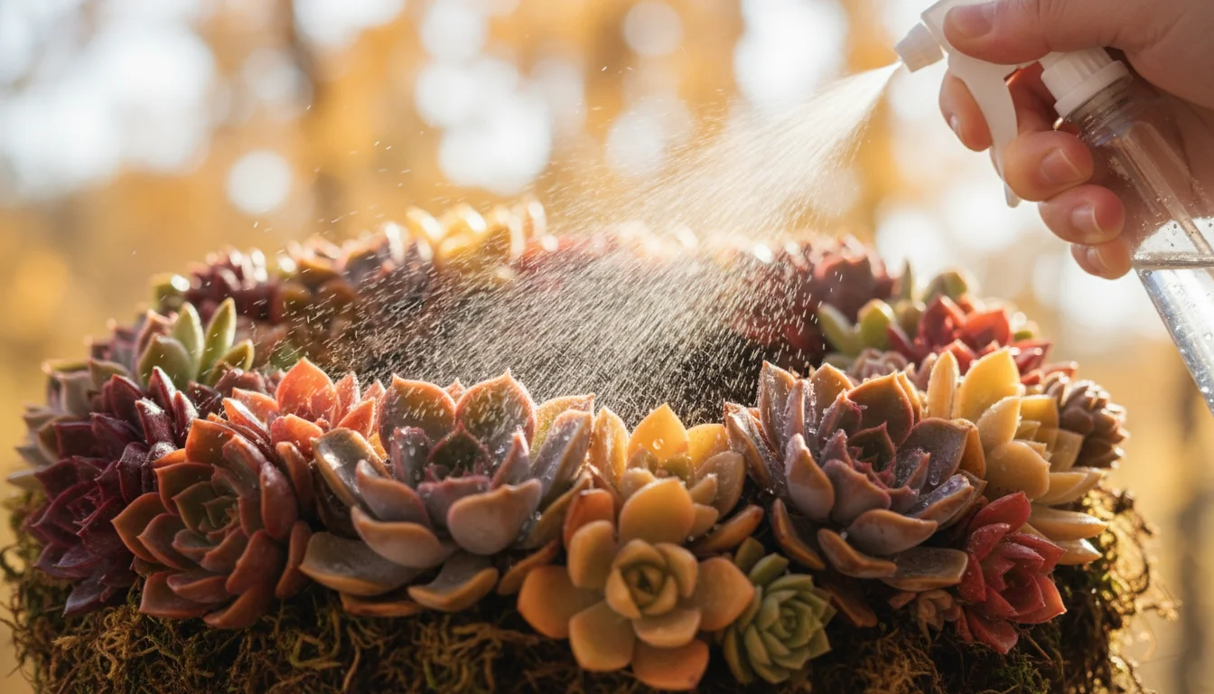 A hand holds a clear spray bottle, gently misting a succulent wreath with fine water droplets visible on the colorful plant leaves.
