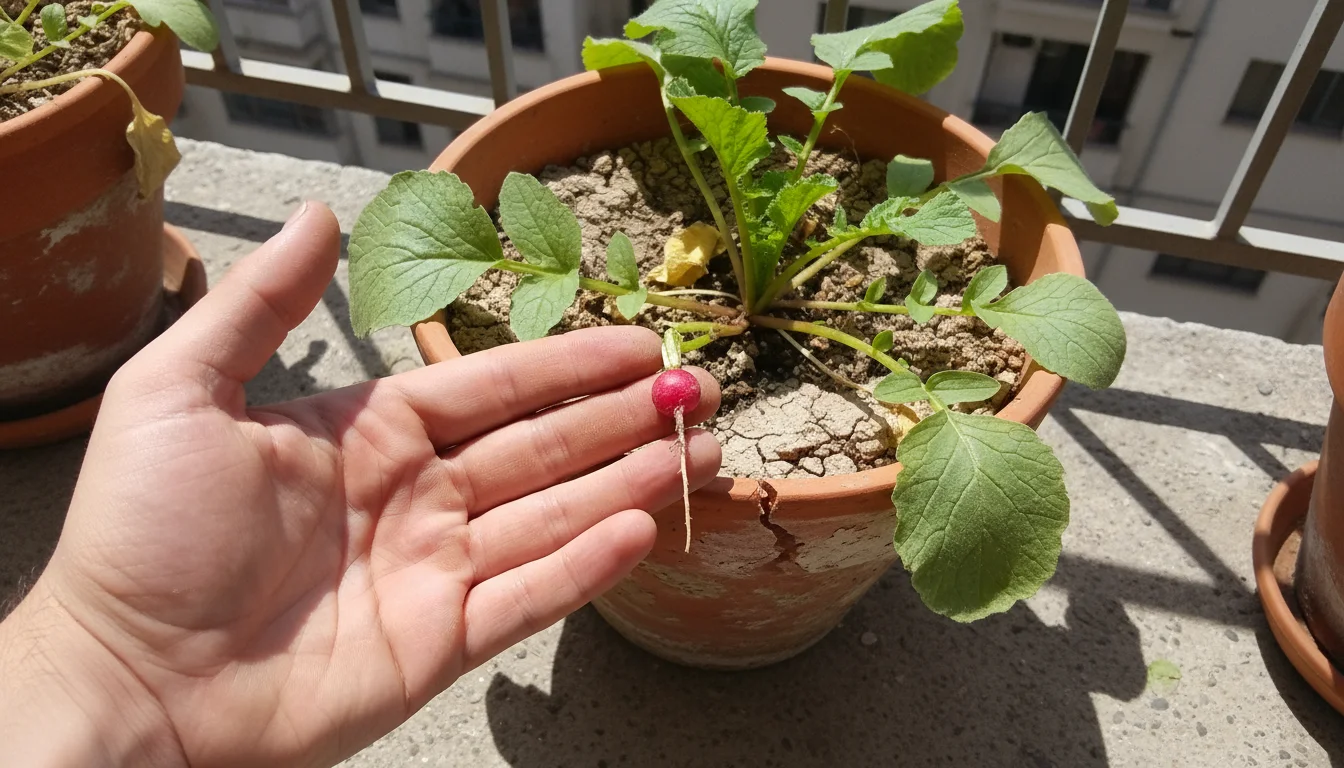 A hand holds a tiny, pea-sized radish root with a large leafy top over a dry-looking terracotta pot on a sunny urban balcony.