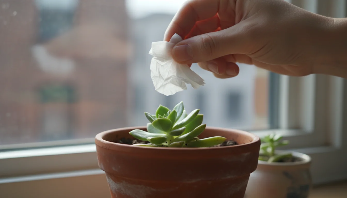 A hand holds a wisp of tissue above a small succulent on a windowsill, testing for drafts. Soft window light illuminates the scene.