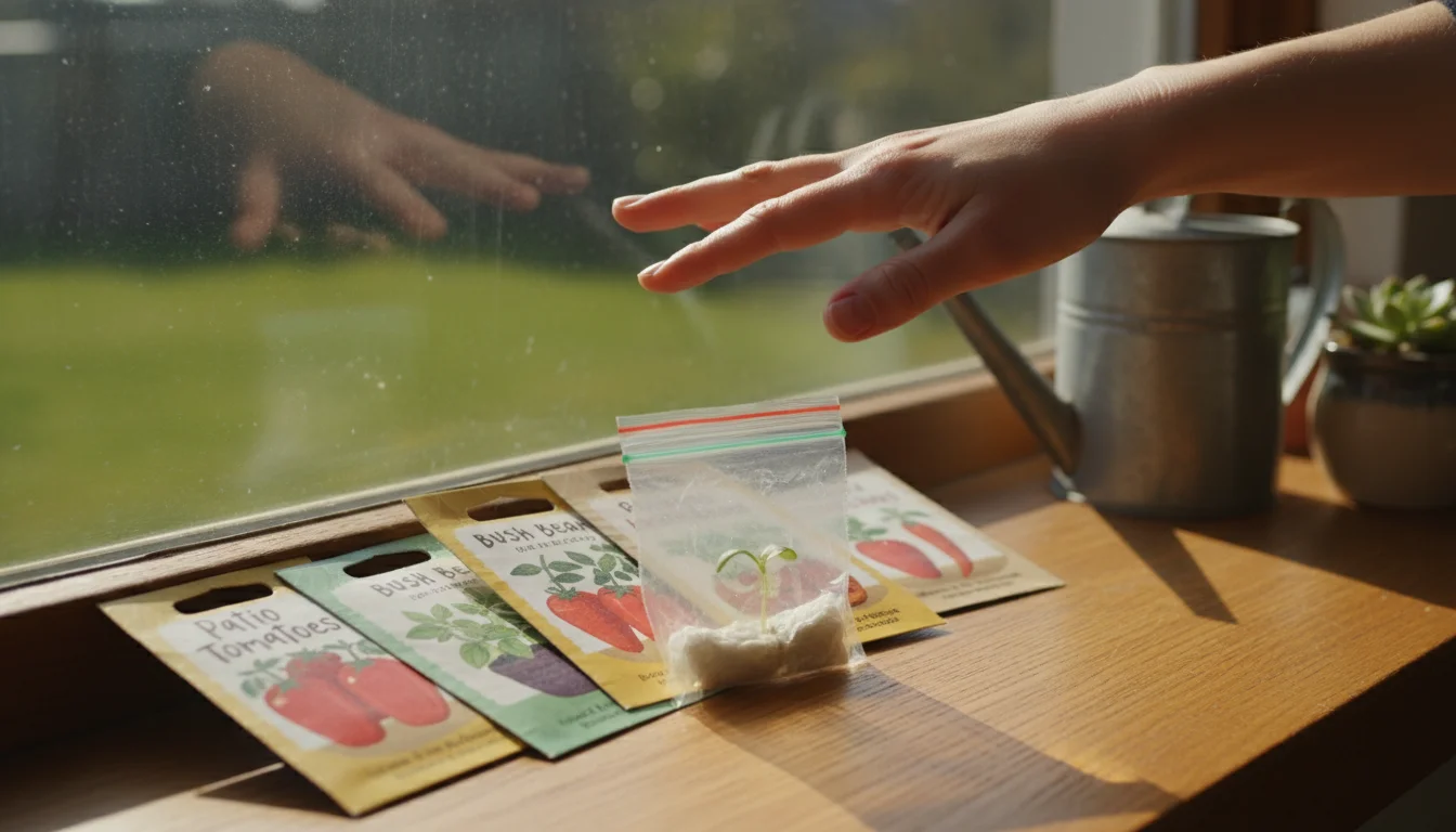 Hand hovering over diverse seed packets for compact plants on a sunny windowsill, with a subtle ziplock sprout in the background.