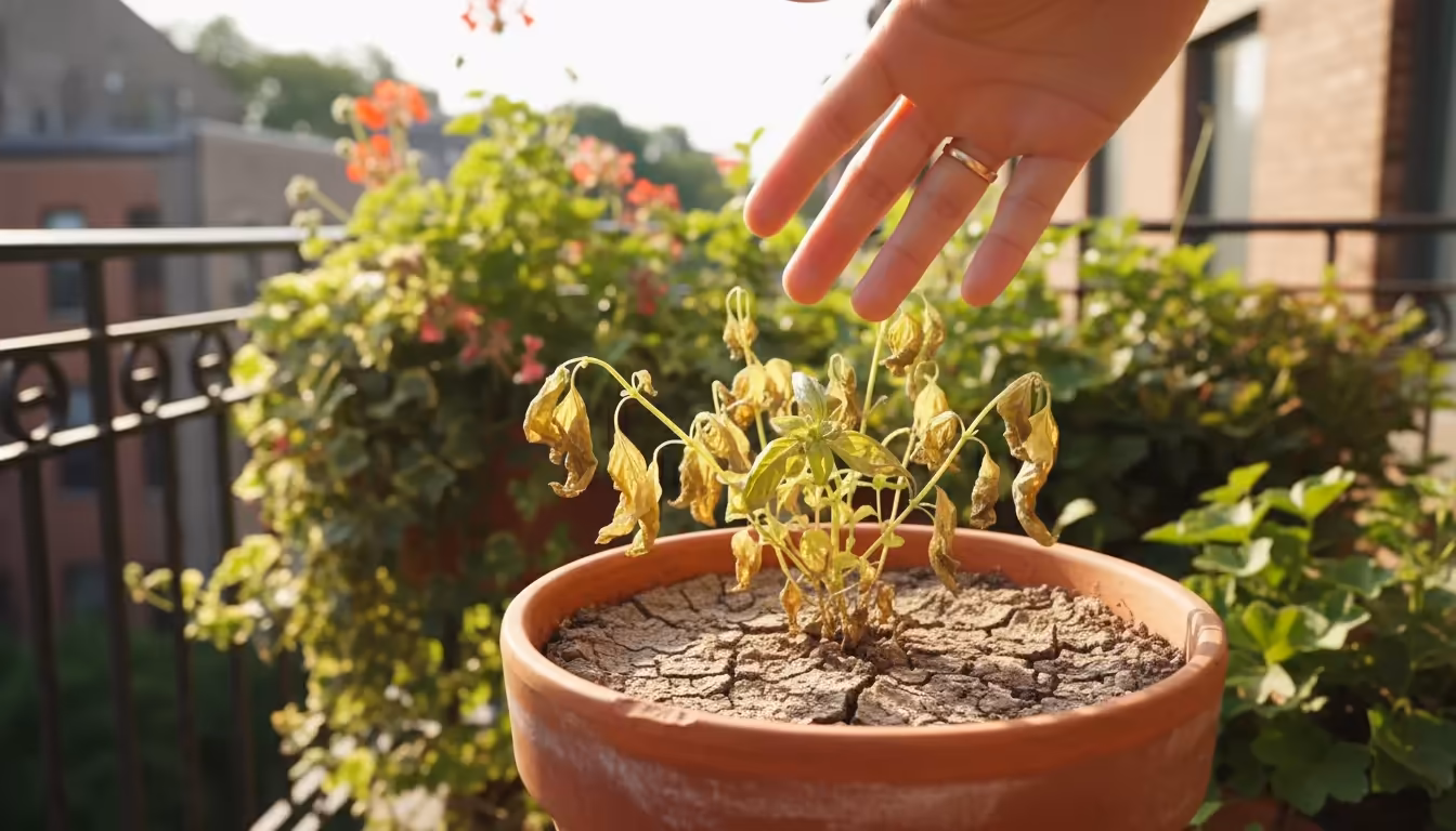 A hand hovers over dry, cracked soil of a struggling basil plant with yellowing leaves in a terracotta pot on an urban balcony.